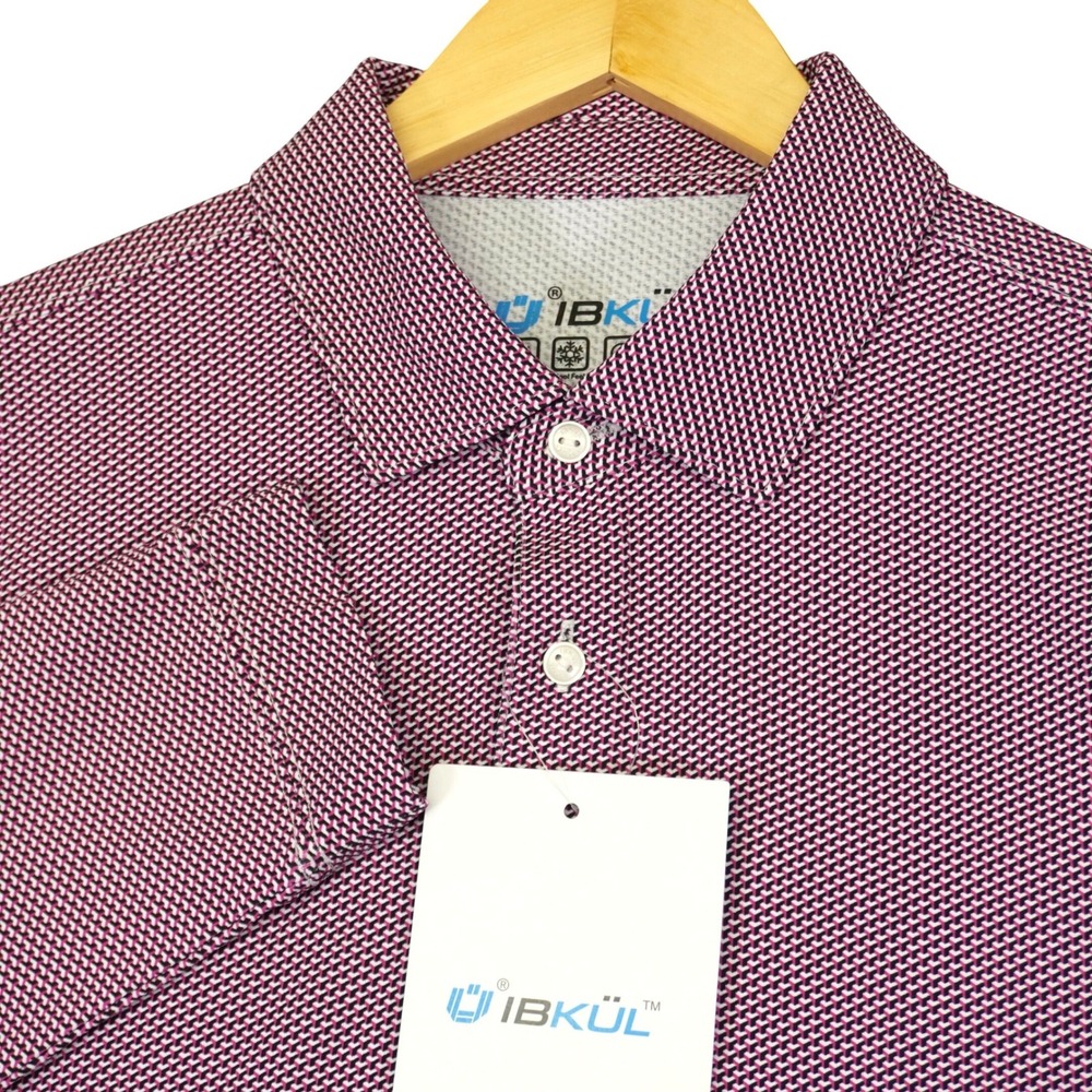 NEW IBKUL Polo Shirt Mens L Pink Golf Geometric Long Sleeve IceFil UPF 50+